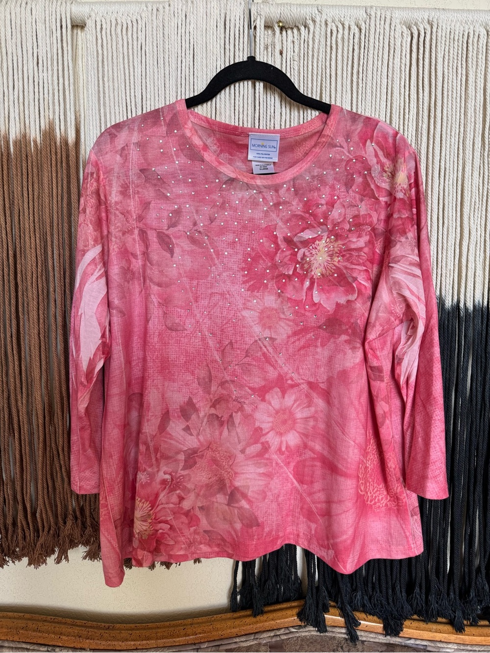 Pink Morning Sun floral 3/4 sleeve top with rhinestones; perfect condition